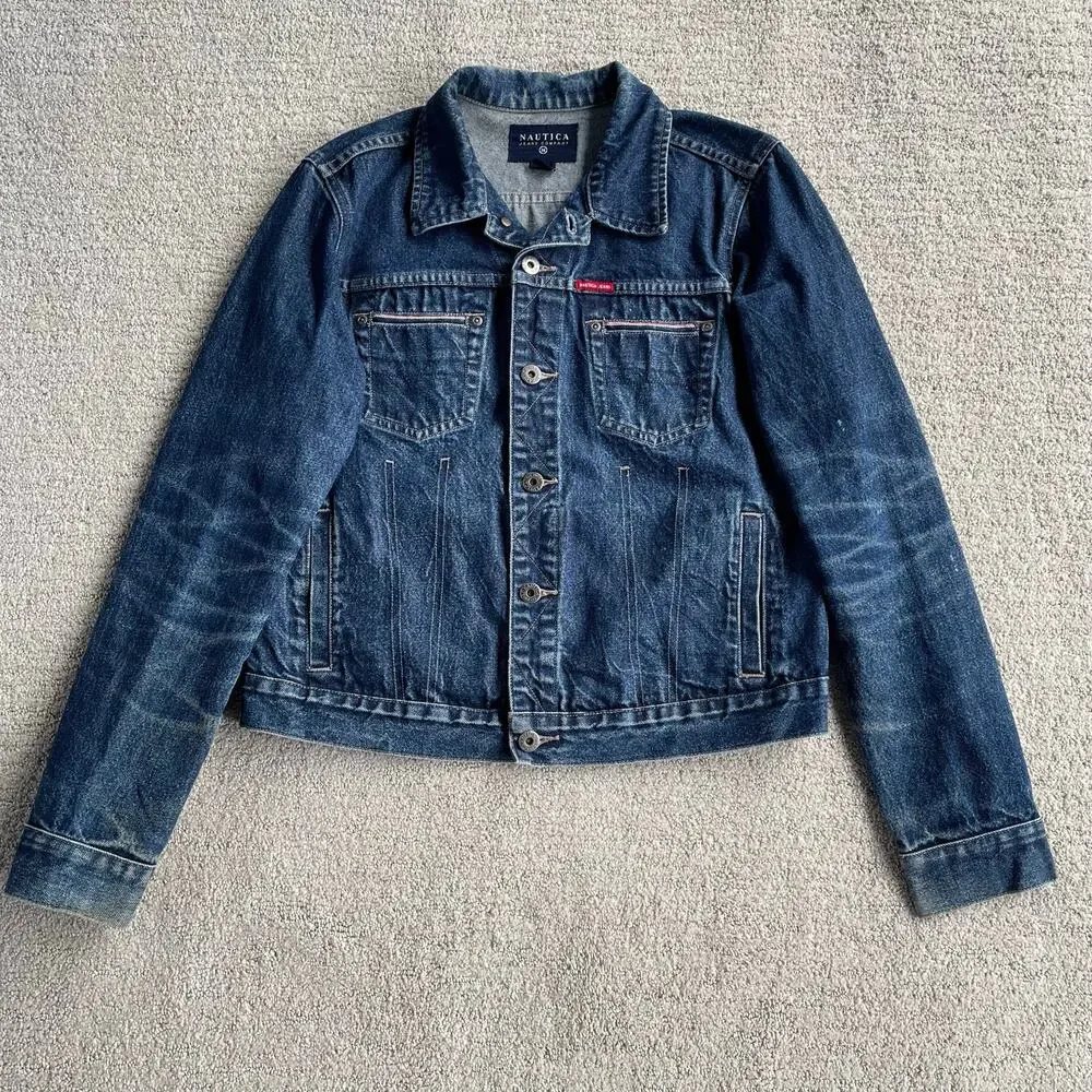 🔥Vintage Nautica Y2K Trucker Grunge Dark Wash Blue Denim Jacket Women Size M-L - Picture 8 of 15